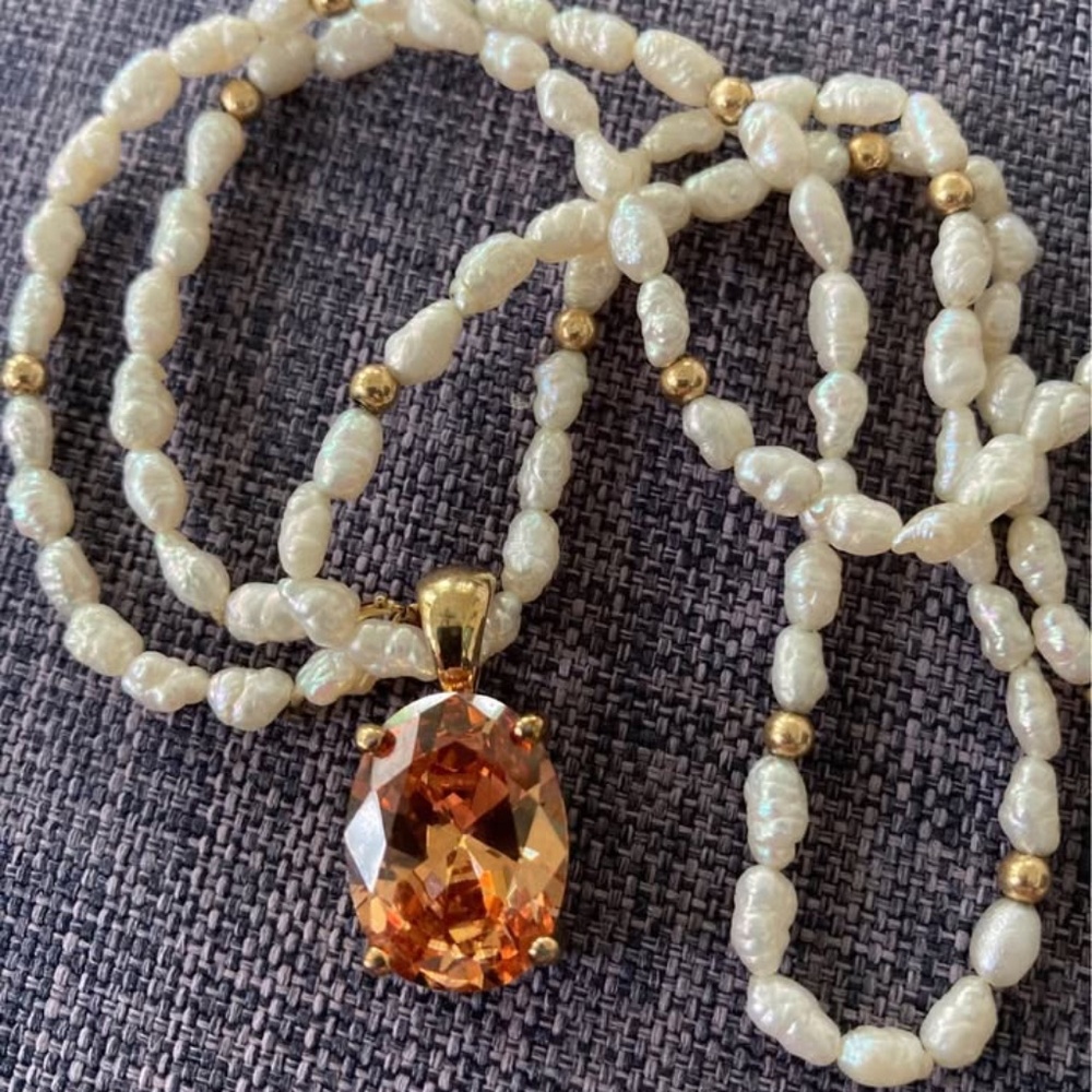 14K Gold Ball Pearl Necklace with 925 Twilight Mystic Topaz Pendant